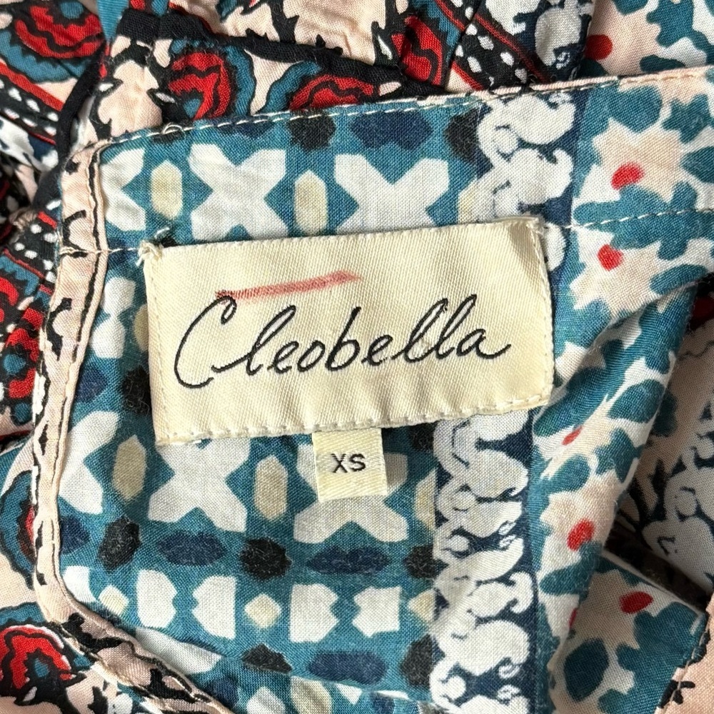 CLEOBELLA Tile Print Lace Up V-Neck Long Bell Sleeve Tier Ruffle Maxi Dress XS - Picture 6 of 8